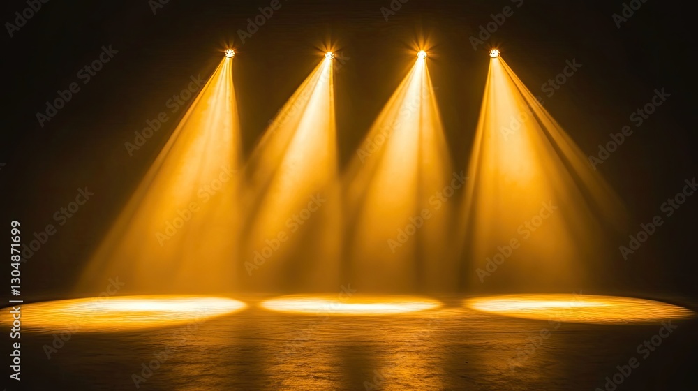 Poster multiple soft golden spotlights illuminating an empty stage, enhancing texture and depth in a dim en