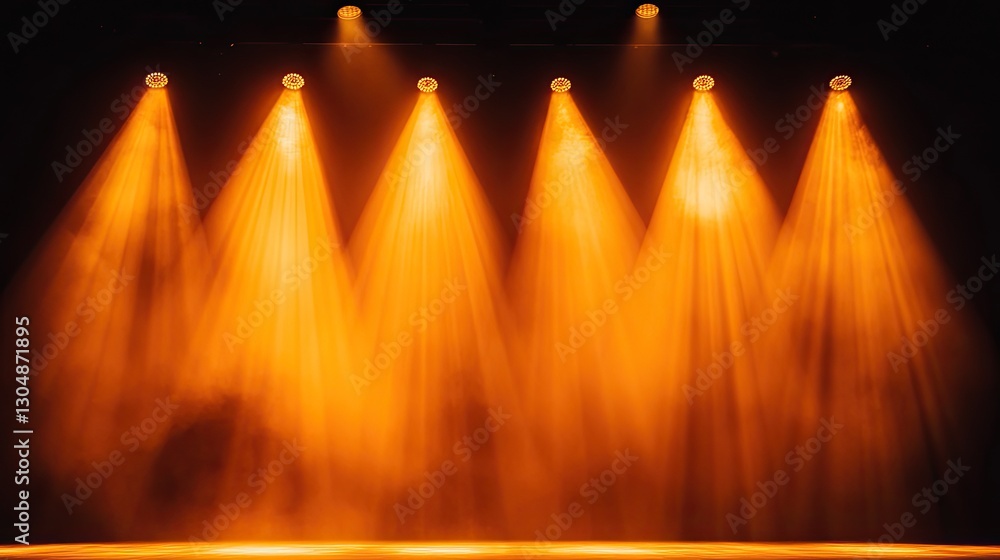 Poster multiple soft golden spotlights illuminating an empty stage, enhancing texture and depth in a dim en