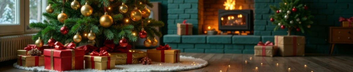 Lush evergreen tree adorned with gold ornaments and colorful gifts in a cozy living room setting, gifts, holiday season