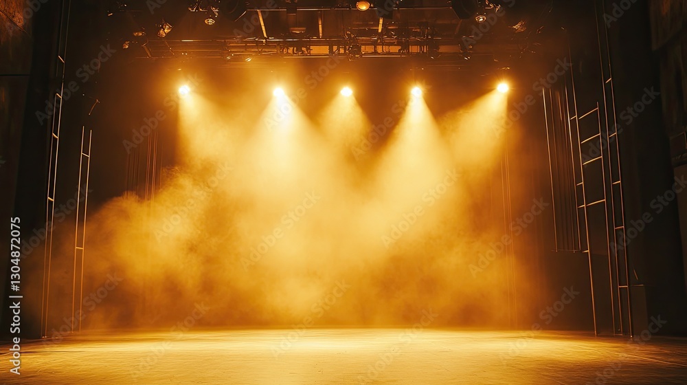 Aufkleber multiple soft yellow spotlights highlighting different sections of an empty theater stage, enhancing