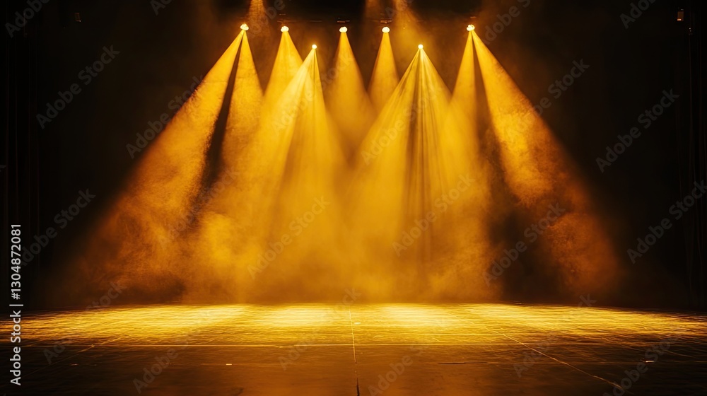 Poster multiple soft yellow spotlights highlighting different sections of an empty theater stage, enhancing