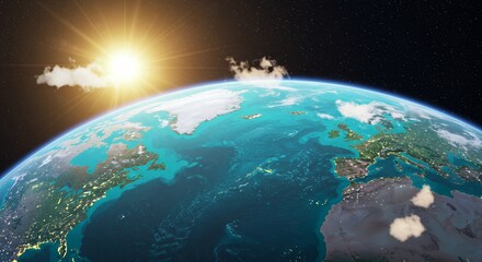 Earth View from Space with Sunrise Shining Over the Horizon