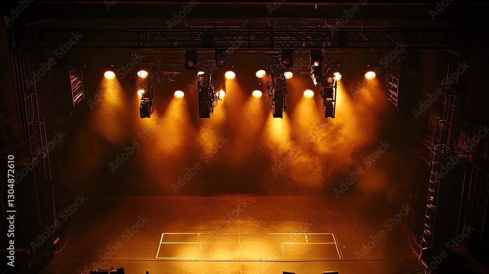 Aufkleber overhead theater lighting rigs with multiple warm-toned lights shining onto an empty performance spa