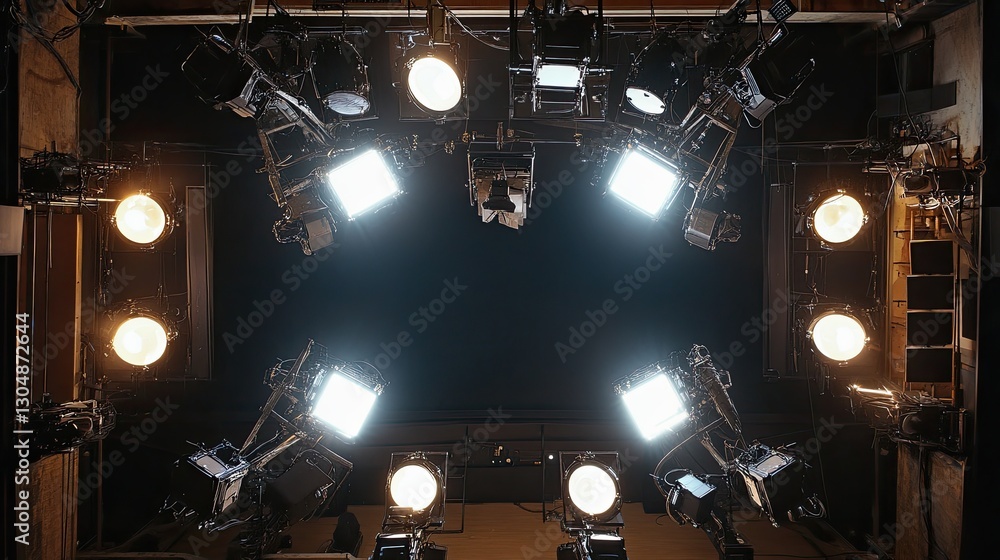 Poster overhead view of a theater ceiling with lighting rigs and spotlights shining down onto a performance