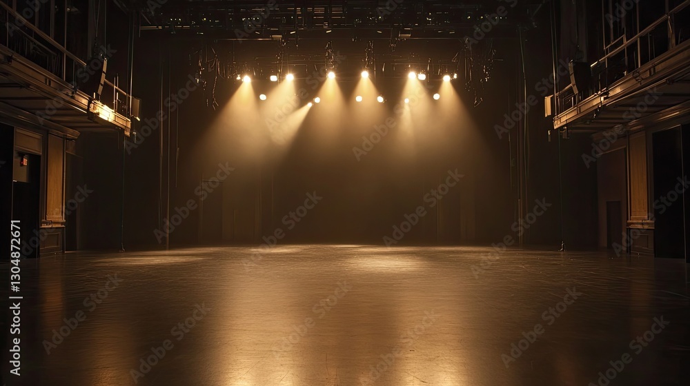 Poster overhead theater lighting rigs with multiple warm-toned lights shining onto an empty performance spa
