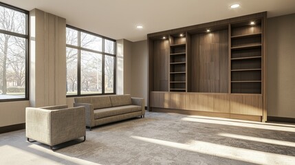 Modern Luxury Apartment Lounge with Large Windows Sofa and Built in Shelving