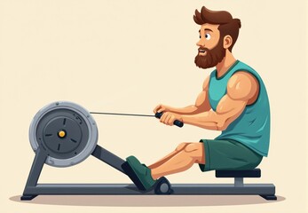 Muscular Man Using Rowing Machine Illustration