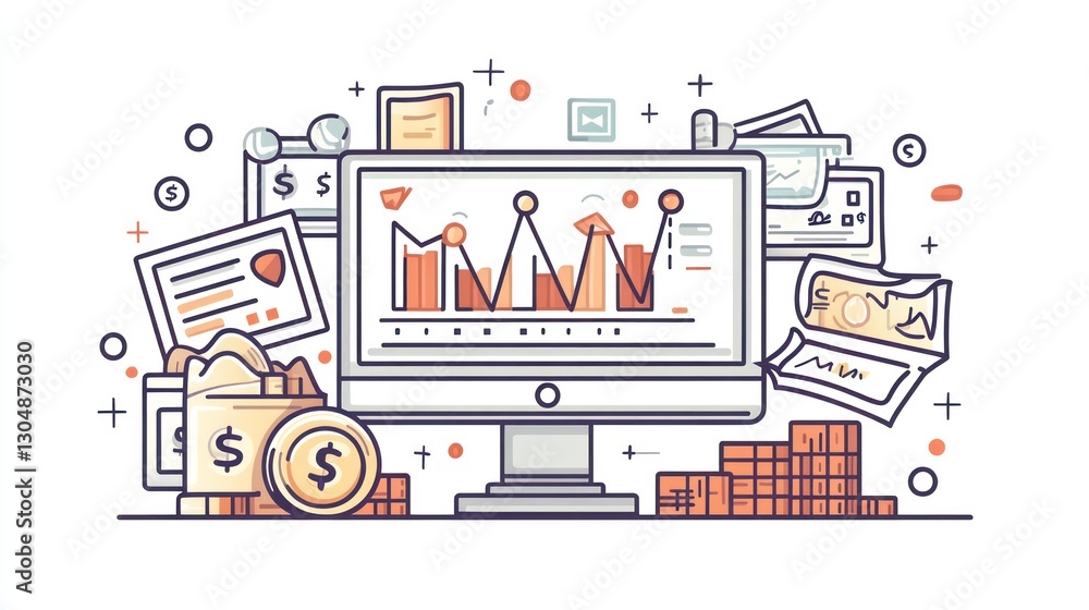 Poster financial data display, various financial tools displayed on a computer monitor. possible use stock 