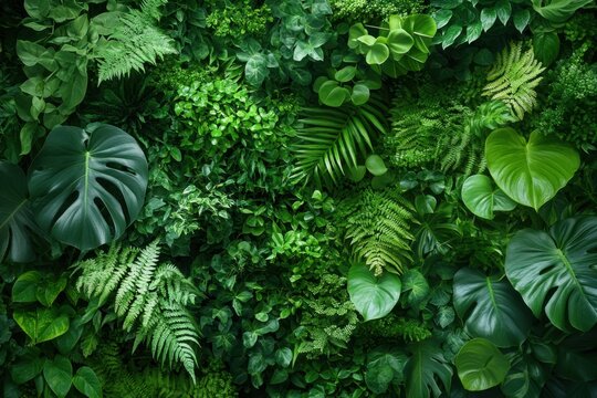 Lush green wall of tropical foliage showcasing diverse plant textures and vibrant colors creating a natural botanical background for design