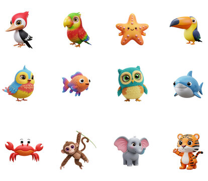 Animals, birds and fish. 3d render cartoon icon set. Owl, woodpecker, toucan, parrot, elephant, tiger, monkey, crab, jellyfish, starfish, shark