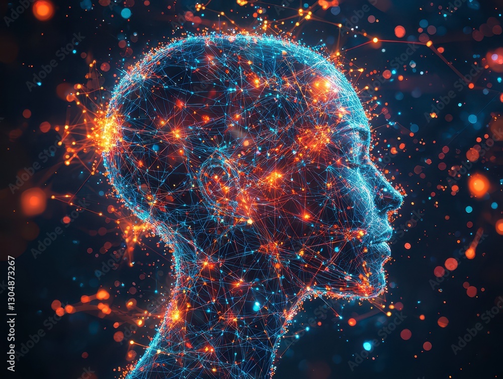 Poster human head with line brain network technology for global vector technology background and artificial