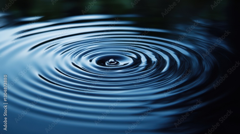 Poster serene water drop impact creating concentric ripples in deep blue liquid surface with dark backgroun