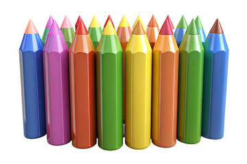 Realistic 3D colored pencil set, children's stationery, art supplies, school, modern 3D glossy plastic on white background.