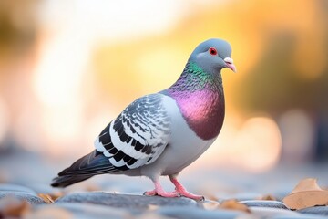 Colorful pigeon stands gracefully on cobblestone path surrounded by autumn leaves in a serene urban setting during late afternoon