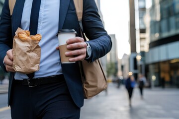 A businessman, dressed in a suit, walks briskly down a city street while holding a coffee cup and a bag of pastries, embodying a busy urban lifestyle.