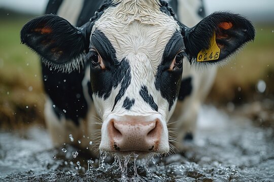 Cow drinking water in a muddy field during a rainy day in rural farmland