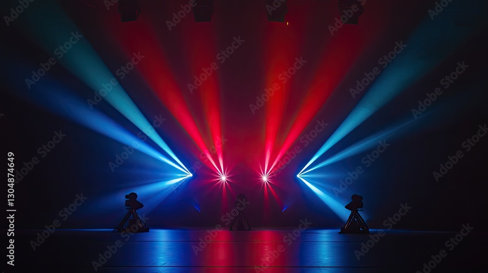 Aufkleber symmetrical lighting rig with beams of different colors forming an artistic pattern on a dark stage.