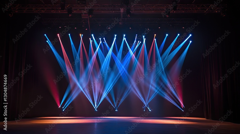 Aufkleber symmetrical lighting rig with beams of different colors forming an artistic pattern on a dark stage.