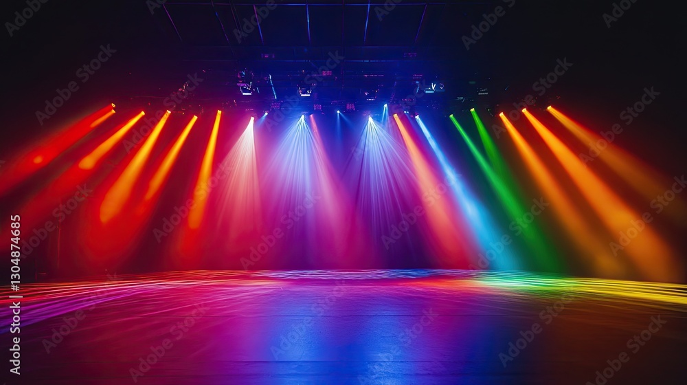 Aufkleber symmetrical lighting rig with beams of different colors forming an artistic pattern on a dark stage.