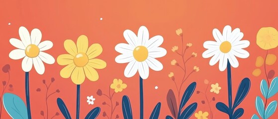 Cheerful floral arrangement featuring daisies and botanical elements against a vibrant orange backdrop creating a whimsical and inviting atmosphere