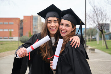 Two female graduates wearing gowns and mortarboards are hugging each other and smiling, holding...