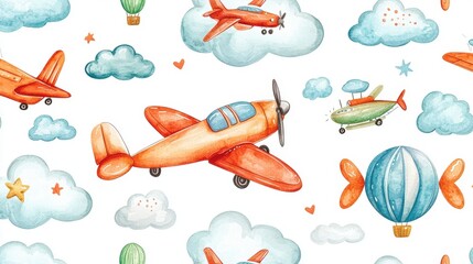 Watercolor Planes & Clouds Pattern