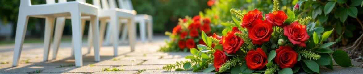 Obraz premium Red-green flowers arranged in a bouquet on the ground next to white chairs, wedding, flowers