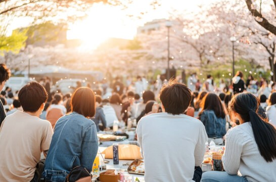 Japanese sakura Cherry blossom festival, picnic in city park with young adults enjoying springtime
