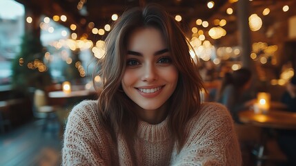Obraz premium Young woman gently smiling while taking selfie in inviting cozy café, soft interior lighting with candles and decorative lights, warm tones and comfortable seating, cinematic DSLR realism,