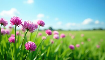 Field of lush garlic chives in bloom under clear blue sky, blue sky, peaceful