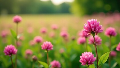 Fototapeta premium Field of pink clover flowers swaying in breeze, wildflowers, foliage