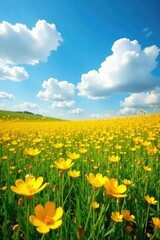 Fototapeta premium Field of saffron flowers with blue sky and fluffy white clouds, wildflowers, landscape, blue sky
