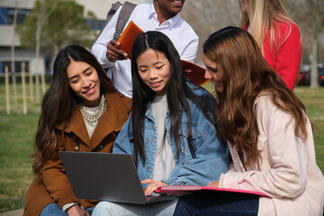 Group of multi ethnic university students collaborating on a project using a laptop, exemplifying teamwork and modern education