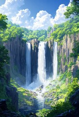 Majestic water flowing down cliffs surrounded by lush green trees and vibrant clouds, creating a breathtaking natural landscape view