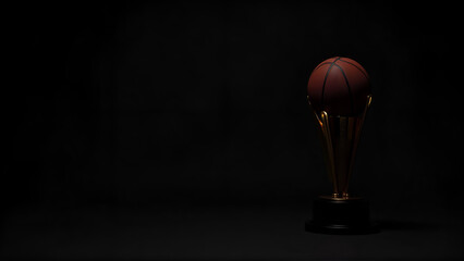 Gold Basketball Trophy with Brown Accent on Black Base in Dramatic Setting