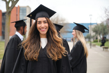 Portrait of a cheerful graduating student celebrating her academic achievement with her classmates