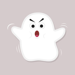 Spooky scary ghost sticker. Flat vector ghost sticker featuring a wide-eyed, open-mouthed ghost with a mischievous expression and raised arms
