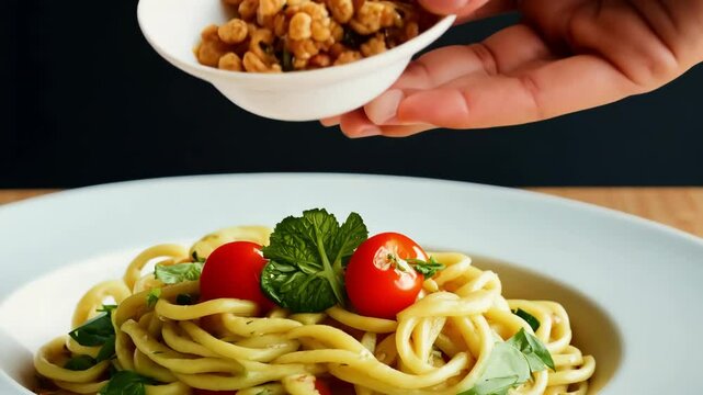 Pasta with tomatoes and basil on a wooden desk