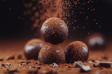 Delicious chocolate truffles coated in cocoa powder are stacked artistically on a dark surface