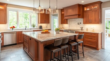 Fototapeta premium A well lit modern kitchen interior design with beautiful cabinetry