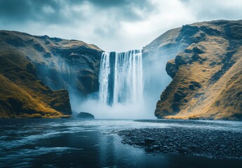 Majestic Waterfall Cascade Surrounded by Dramatic Cliffs and Vibrant Greenery Under a Moody Sky in a Serene Natural Landscape