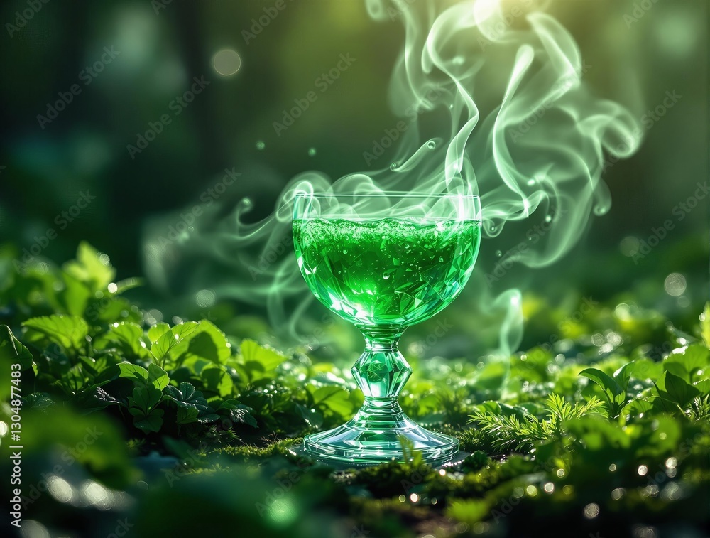 Poster a mystical green drink in a glass cup is surrounded by lush greenery and wisps of steam in a serene 