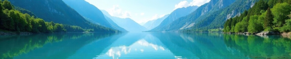 Obraz premium Serene mountain lake, azure sky reflecting on pristine water, trees, tranquil, forest