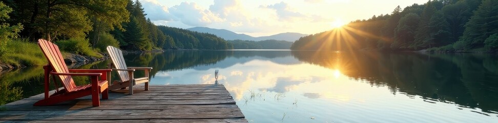 Serene lake view, Adirondack chairs on wooden dock , wood, blue, lakeside