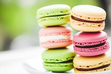 Obraz premium Colorful macarons stacked on a plate in a bright, outdoor setting during a sunny afternoon