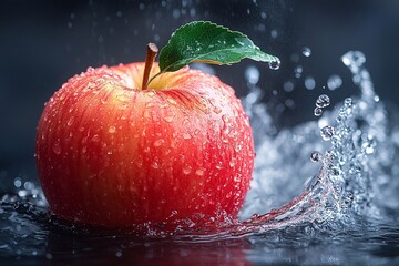 Fresh red apple splashing water droplets in creative kitchen setting