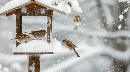 Naklejka premium Sparrows in Winter Wonderland
