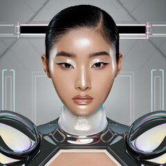 AI futuristic beauty shoot of an Asian model with dewy glass skin, metallic eyeliner, and glossy nude lips. Sci-fi aesthetic with sleek styling and holographic accents.