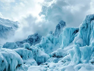 Selbstklebende Fototapeten A stunning icy landscape showcasing three-dimensional glaciers and towering ice formations under a dramatic sky. © Justice
