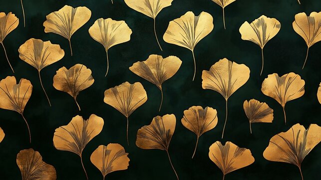 Seamless golden ginkyo leaves dark green background illustration pattern